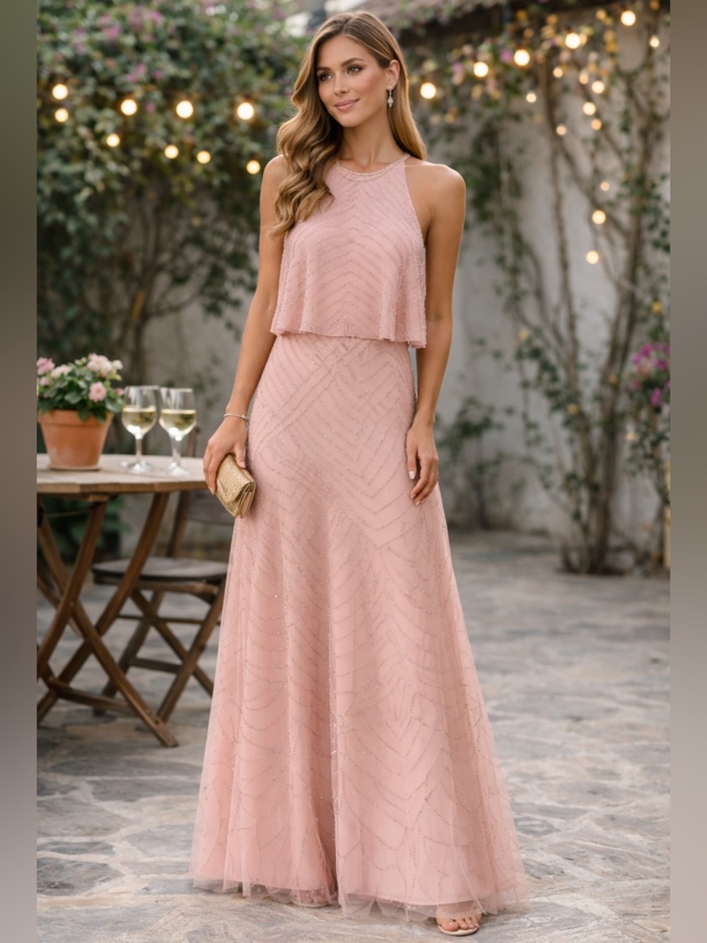 Adrianna Papell Blush Beaded Blouson Evening Gown Size 4
